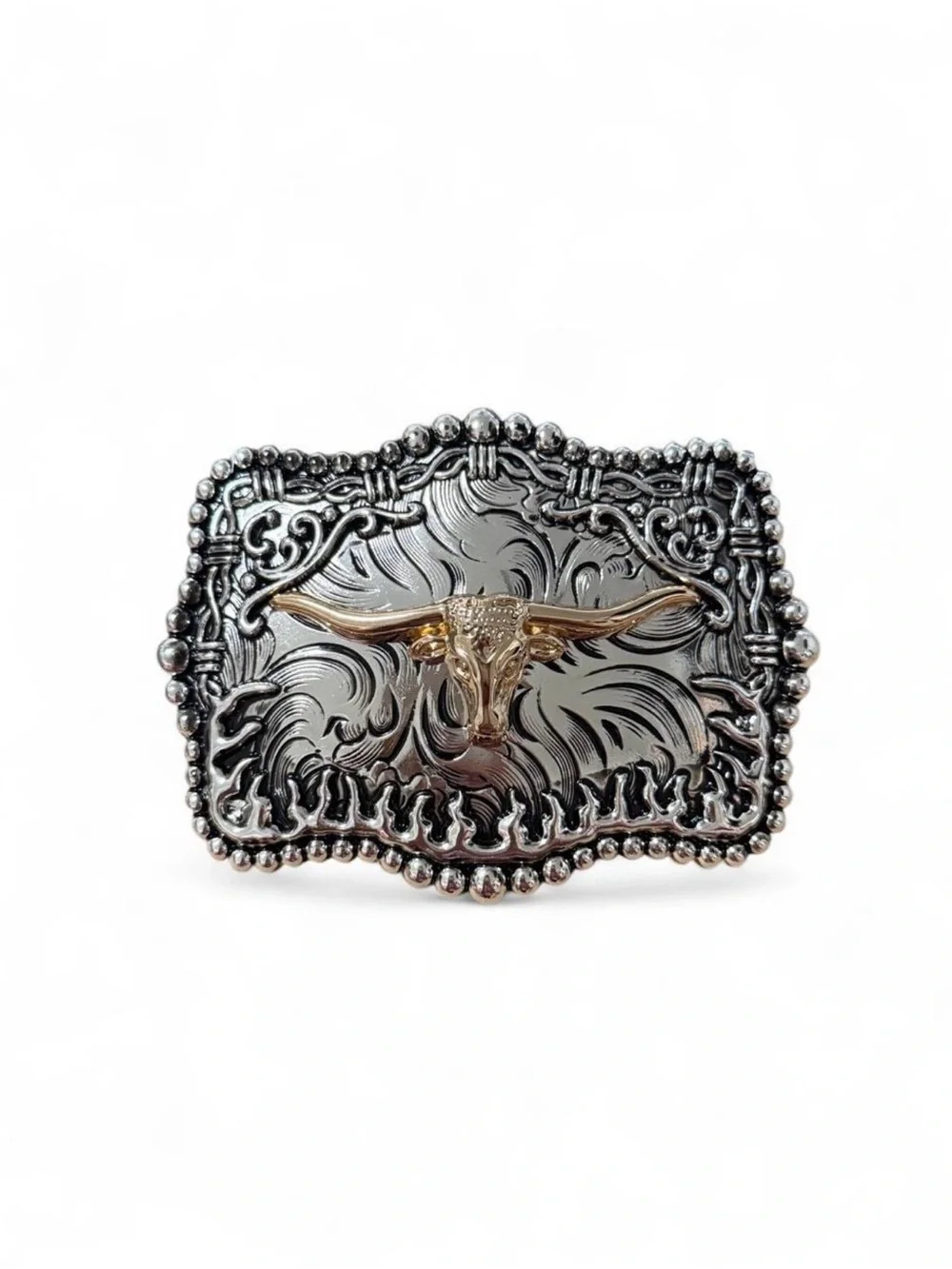Men's Western Longhorn Belt Buckle - Silver with Gold Accent
